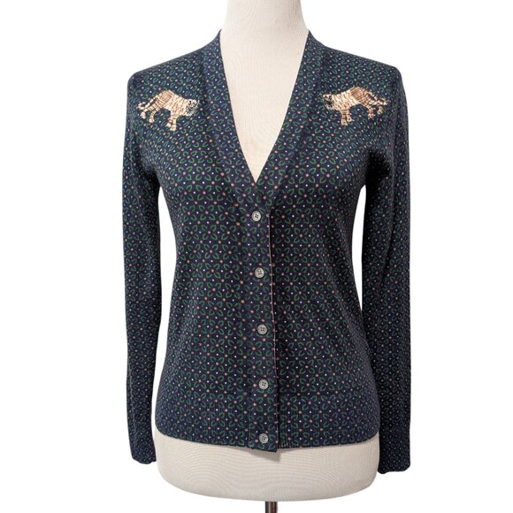J Crew Women Sz S Blue Green Tiger Embroidered 100% Merino Wool Cardigan Sweater - Picture 1 of 10